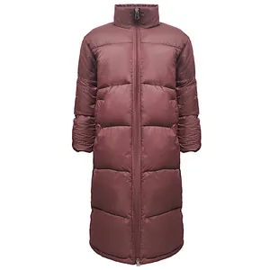 Full-length front view of a warm women's burgundy quilted puffer coat for winter