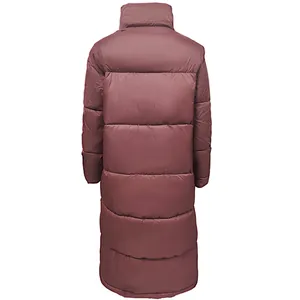 Back view of a long dark mauve puffer coat for women with insulated quilted design