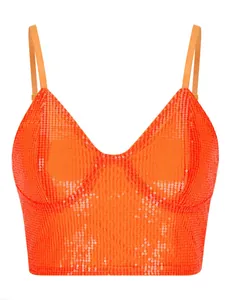 Vibrant orange sequined crop top with thin straps for party night style