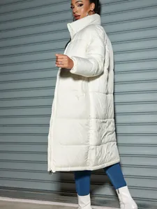 Stylish white long puffer coat for women with zipper closure for winter