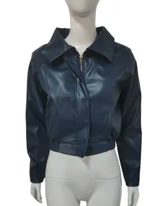 Veste courte vintage en cuir PU bleu foncé avec fermeture éclair et ourlet élastique