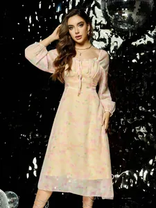 Elegante vestido de flores vintage de manga larga de estilo francés para primavera y verano