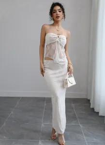 Elegant white lace tube top and long skirt two-piece set for summer resort style