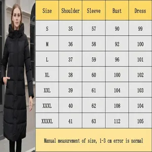 Detailed size chart for black slim fit long hooded winter puffer coat showing measurements