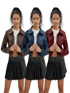 Femmes American Vintage Court PU Veste en cuir Moto Faux cuir Manteau à revers zippé Fashion Streetwear Top