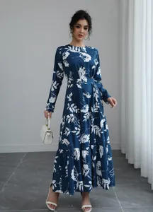 French style blue floral long sleeve maxi dress with cinched waist and tiered skirt