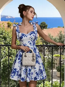 Summer Sexy Floral Print A-Line Mini Dress For Women Sleeveless Tie Shoulder Strap Sweetheart Neckline Vacation Resort Wear