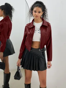 Veste courte rétro en similicuir bordeaux pour femme avec fermeture éclair