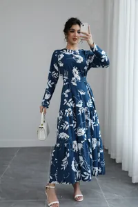 Elegant blue long-sleeve French floral maxi dress with waist-slimming silhouette