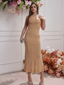 Elegante camel lange jurk met strass-steentjes en bandjes, slim fit voor formele banketten