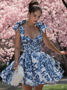 Sexy floral A-line summer dress with tie-shoulder straps for a chic resort style