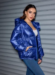 Stylish American style glossy blue hooded puffer jacket for unisex winter fashion wear