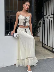 Women Sweet Fairy Style Smocked Camisole Top And Ruffle Midi Skirt Off-White Polyester Summer Outfit With Black Bow Decor