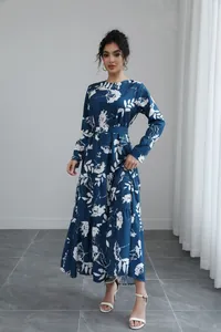 Elegant navy blue floral print long-sleeved maxi dress with waist tie and tiered hem