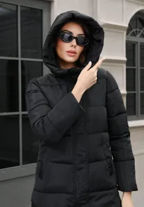 Stylish black hooded puffer coat with long quilted pattern for winter warmth and comfort