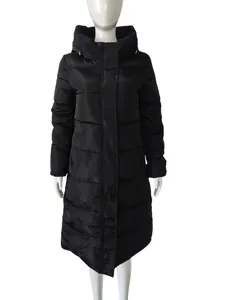 Front full-length view of a black winter hooded puffer coat on a white mannequin.