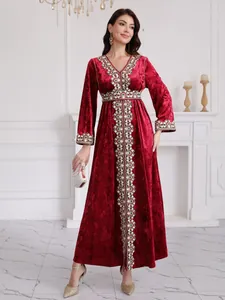 Women Autumn Winter Embroidered Polyester Velvet Dress Slim V Neck Long Sleeve Maxi Dress Ethnic Party Red