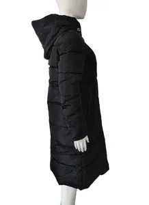 Side view profile of a long black hooded puffer coat featuring a slim fit and quilted texture
