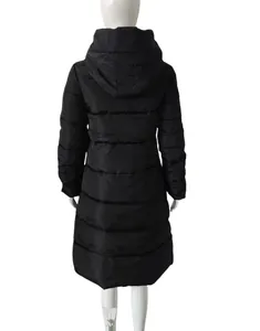 Detailed back view of a slim fit long black hooded puffer jacket for women in winter