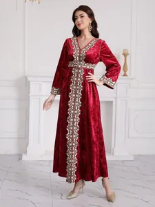 Elegant V-neck long sleeve embroidered red velvet maxi dress for women evening gown