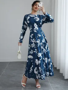 Women French Elegant Floral Printed Long Sleeve Maxi Dress Blue Lace-up Waist Slimming Large Hem Round Neck Midi Dress