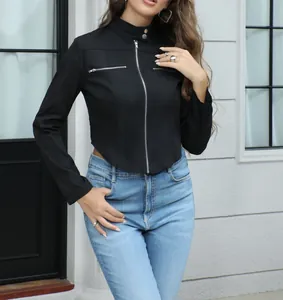 Modern black stand collar jacket featuring irregular hemline and stylish front zippers for women