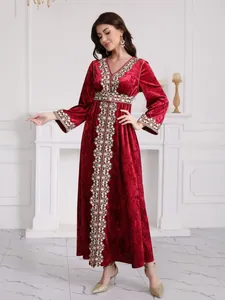 Elegant red velvet maxi dress with deep V-neck and intricate embroidery details for women