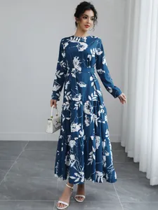 Elegant blue long-sleeved round-neck floral maxi dress featuring a belted waist for women