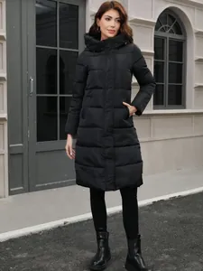 Women Winter Long Hooded Puffer Coat Slim Fit Quilted Padded Jacket Thick Warm Polyester Outwear Top