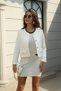 Elegant French style white tweed two-piece set with jacket and mini dress for women