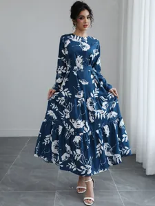 Elegant French style blue floral midi dress with long sleeves and belted waistline