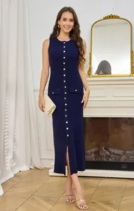 Elegant navy blue sleeveless knit midi dress with stylish gold button down front