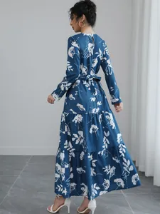 Elegant blue long-sleeved floral maxi dress with French waist-tie design
