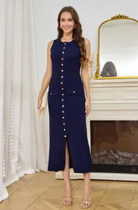 Elegant navy blue sleeveless knit midi dress featuring decorative gold buttons and a slim fit.