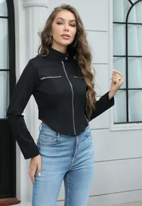 Close-up view of black stand collar jacket with irregular hem and zipper details