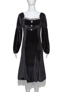 Abito midi nero stile Hepburn in velluto con bordo in pizzo e strass elegante