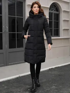Women's long black hooded puffer jacket, slim fit thickened warm winter outerwear coat