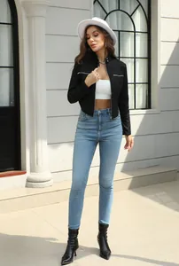 Full-body view of a stylish black stand-collar zipper motor jacket for chic women