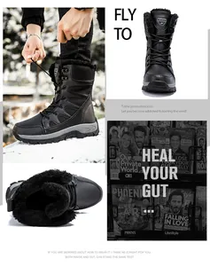 Vue détaillée des bottes de neige tactiques noires doublées de peluche, intérieur et extérieur