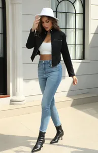 Stylish black stand-collar biker jacket with irregular hem and zipper detail