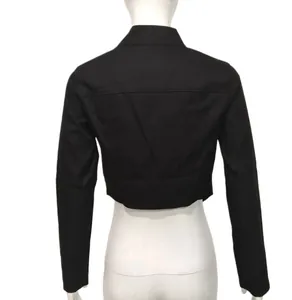 Back view of a black cropped biker jacket with stand collar and minimalist design