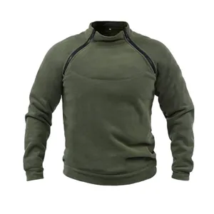 Front detail of army green tactical fleece sweatshirt with dual neck zipper and stand collar