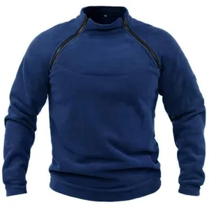 Front view of men's navy blue fleece tactical sweatshirt with unique double zipper collar
