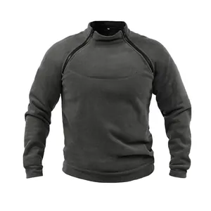Men's tactical fleece sweatshirt with double zippers and stand collar for outdoor warmth