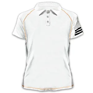 Tactical white polo shirt for men with orange stitching and flag sleeve detail