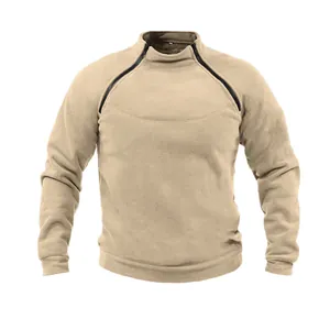 Close-up of khaki tactical fleece sweatshirt featuring a unique dual zipper collar