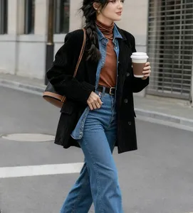 Vue de rue à la mode d'un blazer oversize en velours côtelé noir pour style d'automne