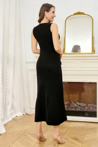 Back view of an elegant black sleeveless knit maxi dress with a slim fit silhouette
