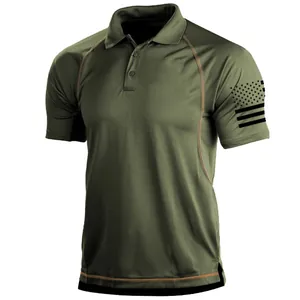 Army green tactical polo shirt for men with American flag sleeve print and lapel
