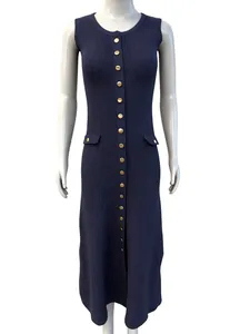 Detailed view of a navy blue ribbed knit sleeveless dress featuring elegant gold buttons